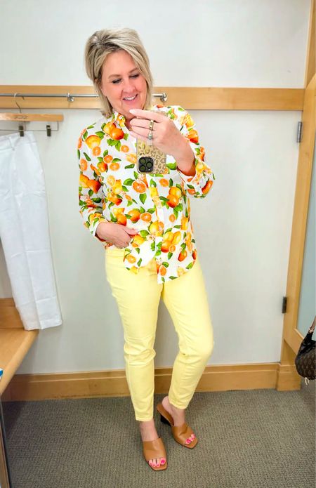 40% off at Talbots! Lemon button front shirt is a size medium, yellow slim jeans are a size 8. Shoes 9.5 

#LTKstyletip #LTKsalealert #LTKworkwear