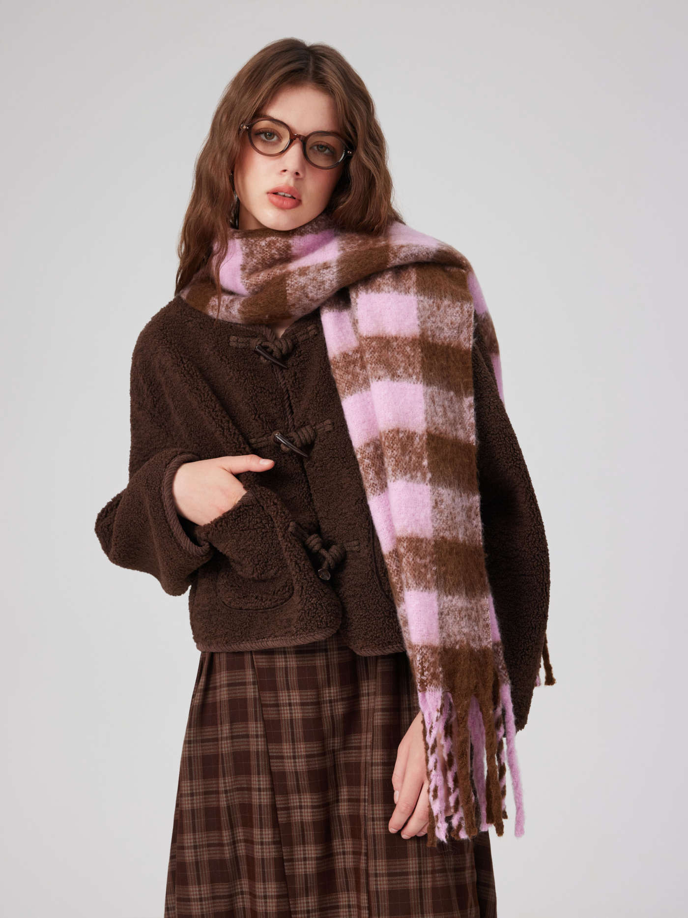 Mohair PLAID TASSEL SCARF For School Daily Casual Date Coffee Shop Work | Cider