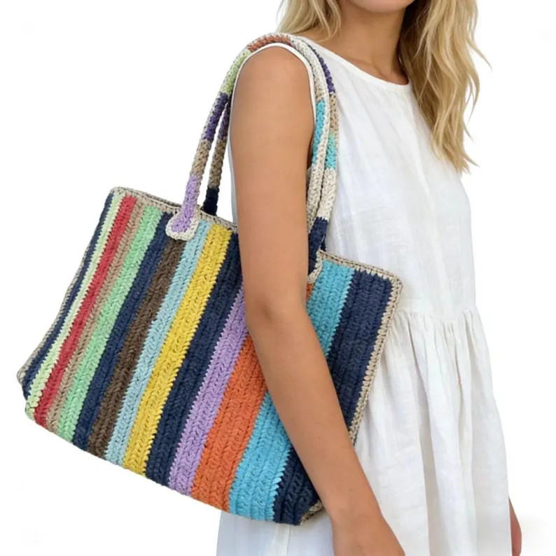 Handwoven Rainbow Raffia Tote Bag | Colorful Stripe Shoulder Bag | Summer Beach Bag |Color May Va... | Etsy (Global)