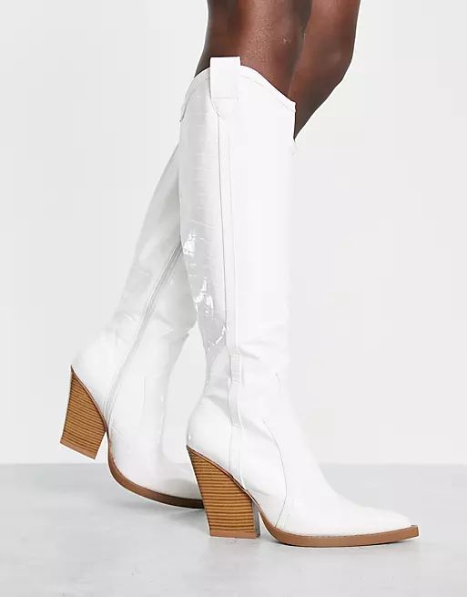 ASOS DESIGN Catapult heeled western knee boots in white croc | ASOS (Global)