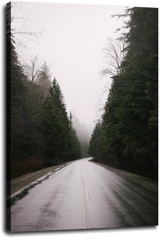 Wet Foggy Road Wall Art Winter Foggy Road Canvas Prints Foggy Forest Road Poster For Home Office Decorations With Framed 36"x24" | Amazon (US)