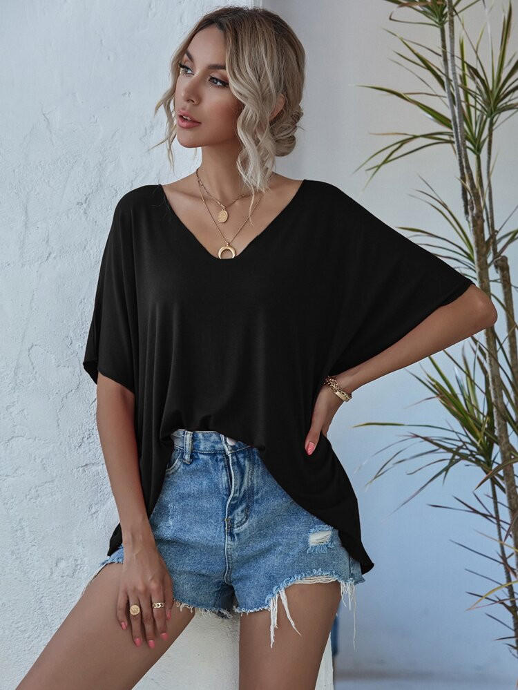 V-neck Batwing Sleeve Slouchy Tee | SHEIN