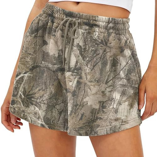 HOCANDY Womens Camo Sweat Shorts Maple Leaf Print Drawstring Elastic High Waist Lounge Camouflage Workout Shorts with Pockets | Amazon (US)