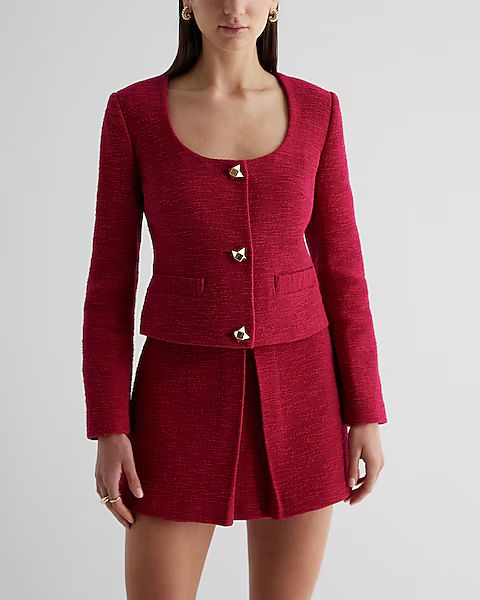 Boucle Tweed Scoop Neck Novelty Button Jacket | Express