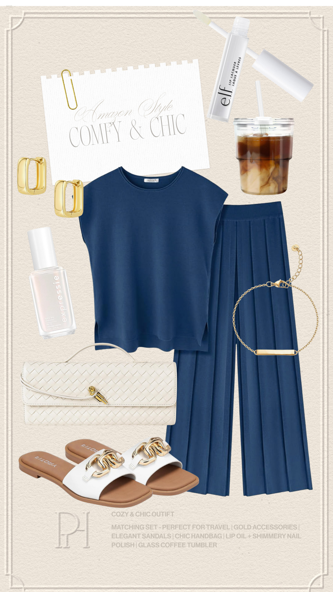 Loving these Amazon style finds for a casual and chic look! Perfect for a travel day!

matching set, loungewear, navy blue set, pajamas, gold earrings, small hoop earrings, gold bracelet, white handbag, white sandals, spring style, spring fashion, spring look, spring outfit, travel look, travel outfit, chic and comfy, glass tumbler, iced coffee tumbler, lip oil, lip gloss, shimmery nail polish, silver nail polish, mom style, stylish mom look 

 #LTKgrwm #LTKootd #LTKTravel