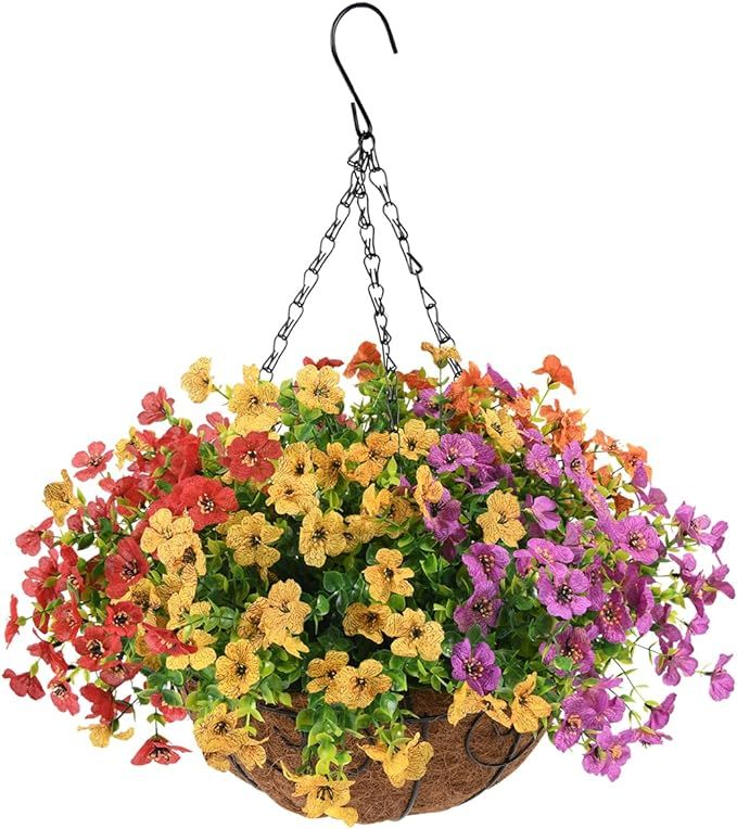 Artificial Faux Hanging Plants Flowers Basket Outdoor Indoor Patio Lawn Garden Spring Decor,Fake ... | Amazon (US)