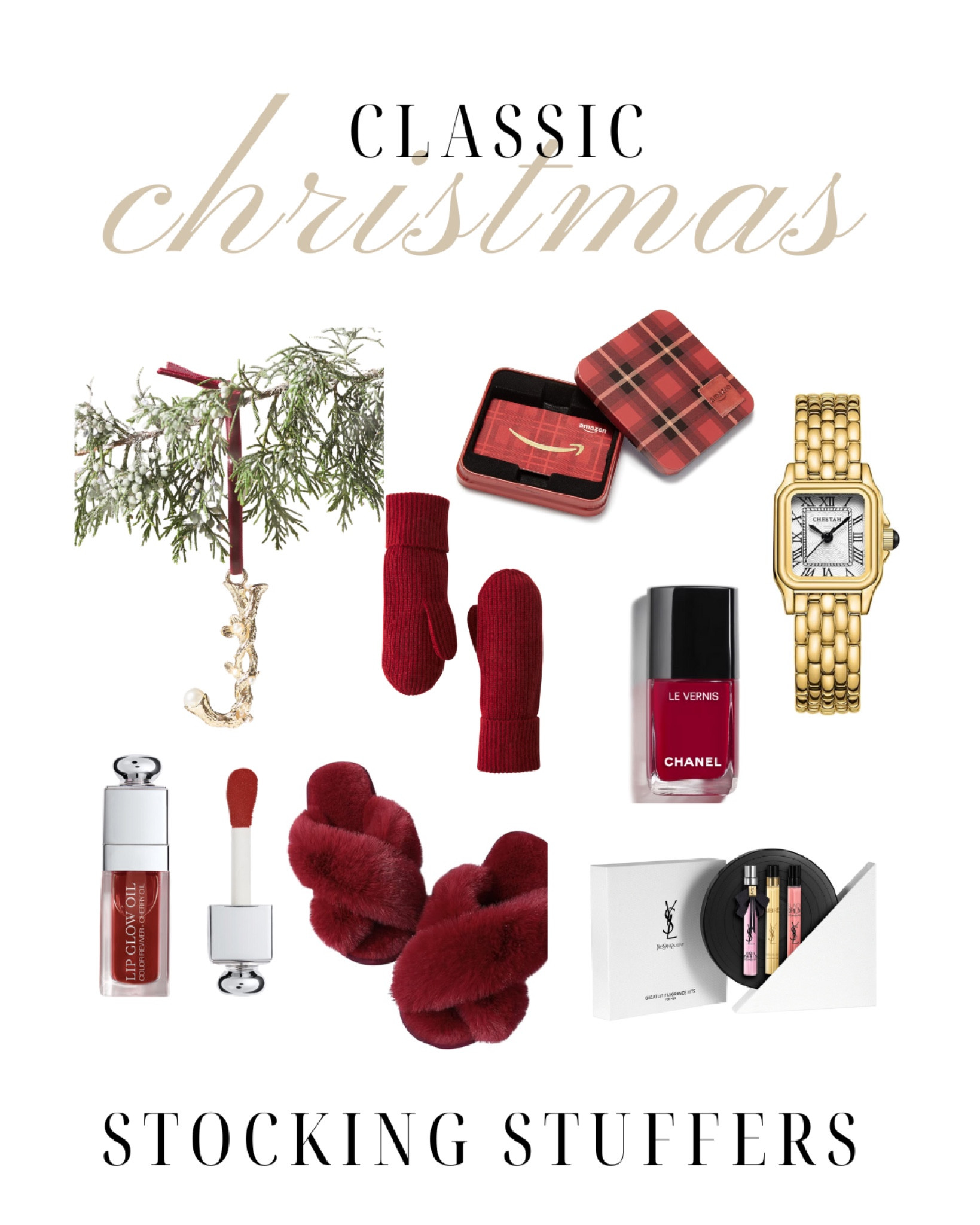 Traditional red and green themed Christmas - stocking stuffers for the women in your life. Gold watch, red nail polish, red slippers, red lip gloss, perfume, gift card, ornament 

#LTKGiftGuide #LTKSeasonal #LTKHoliday