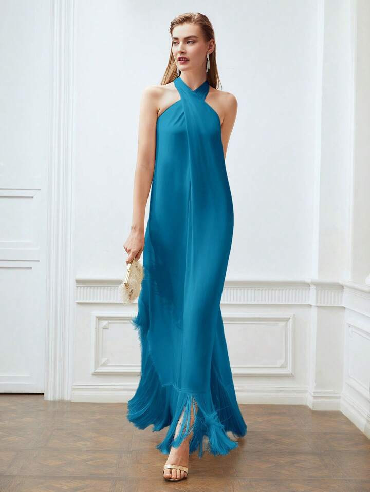 R$219,99 6x de R$36,67 sem juros MOTF PREMIUM Bainha De Borla Vestido Halter4.94(100+)Cor: Azul p... | SHEIN