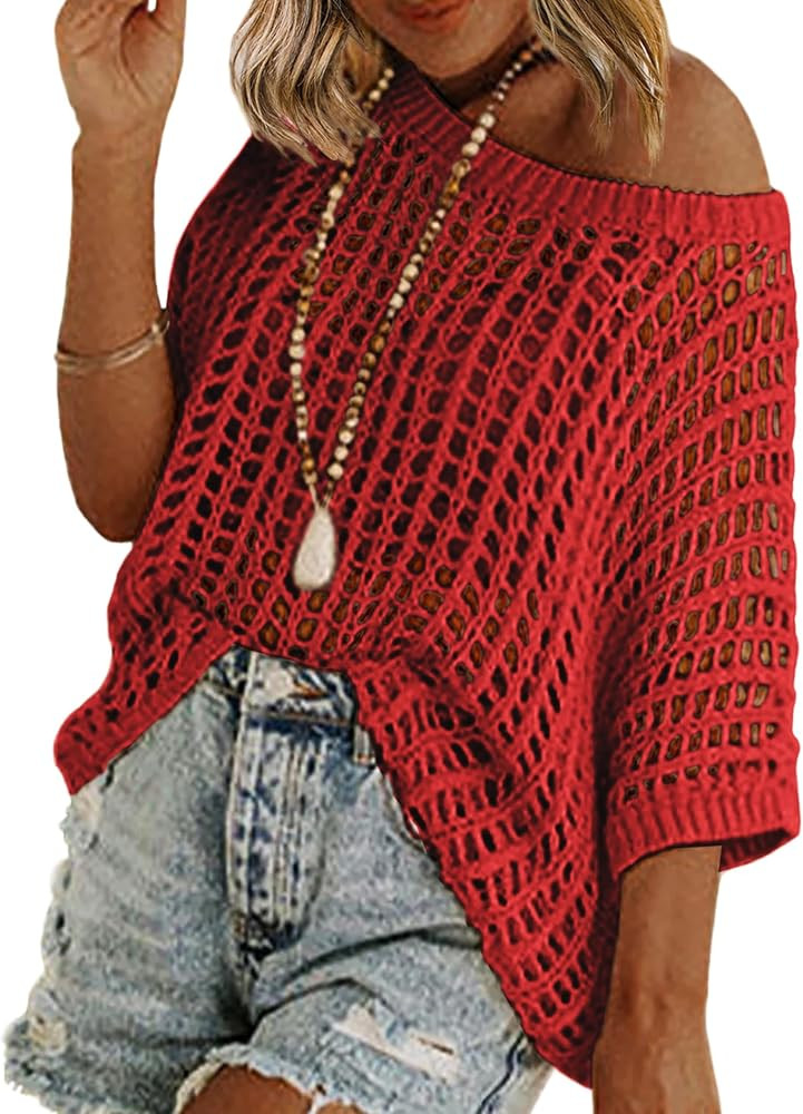 Zeagoo Short Sleeve Crochet Sweater Lightweight Summer Tops Loose Hollow Out Crewneck Pullover | Amazon (US)