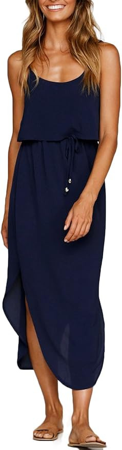Women's Adjustable Strappy Split Summer Beach Casual Midi Dress | Amazon (US)