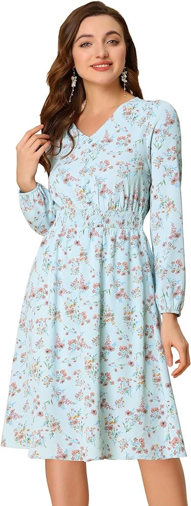 Allegra K Women's Valentine's Day Floral Print V-Neck Dress Smocked Waist Midi Dress | Amazon (US)