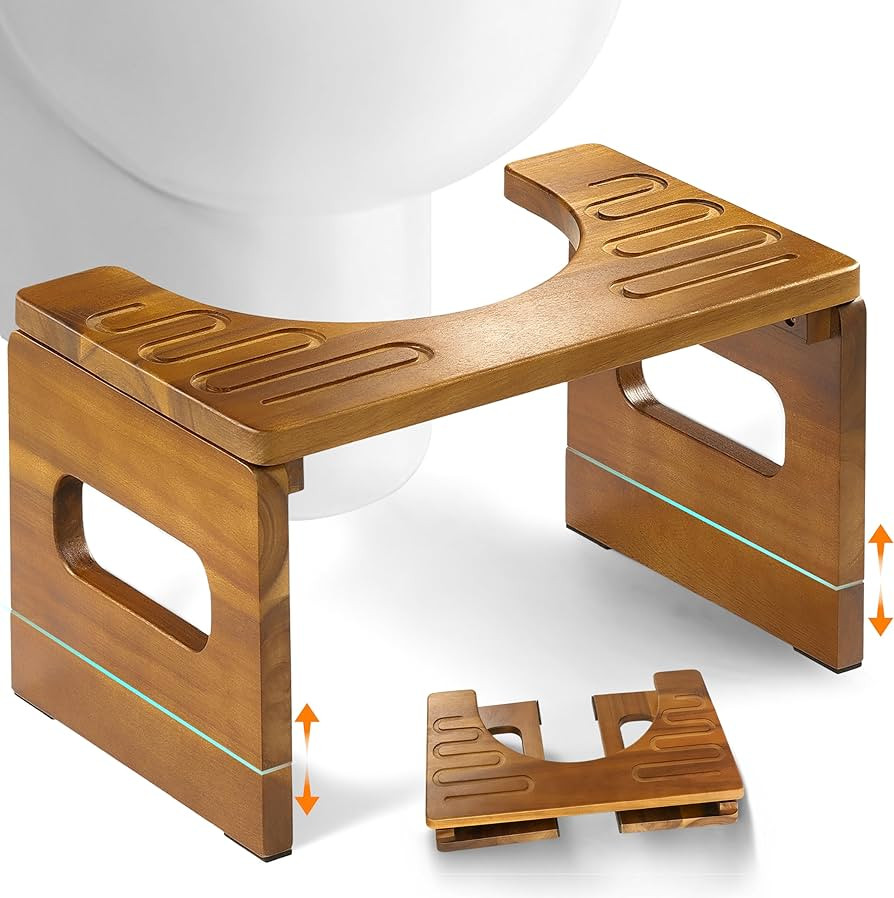 BLUEWEST Foldable Toilet Stool, 7'' and 9'' Adjustable Heights Acacia Wood Poop Stool for Potty Training,Durable Collapsible Bathroom Stool, Adjustable Height for Family Members with Non-Slip Layer | Amazon (US)