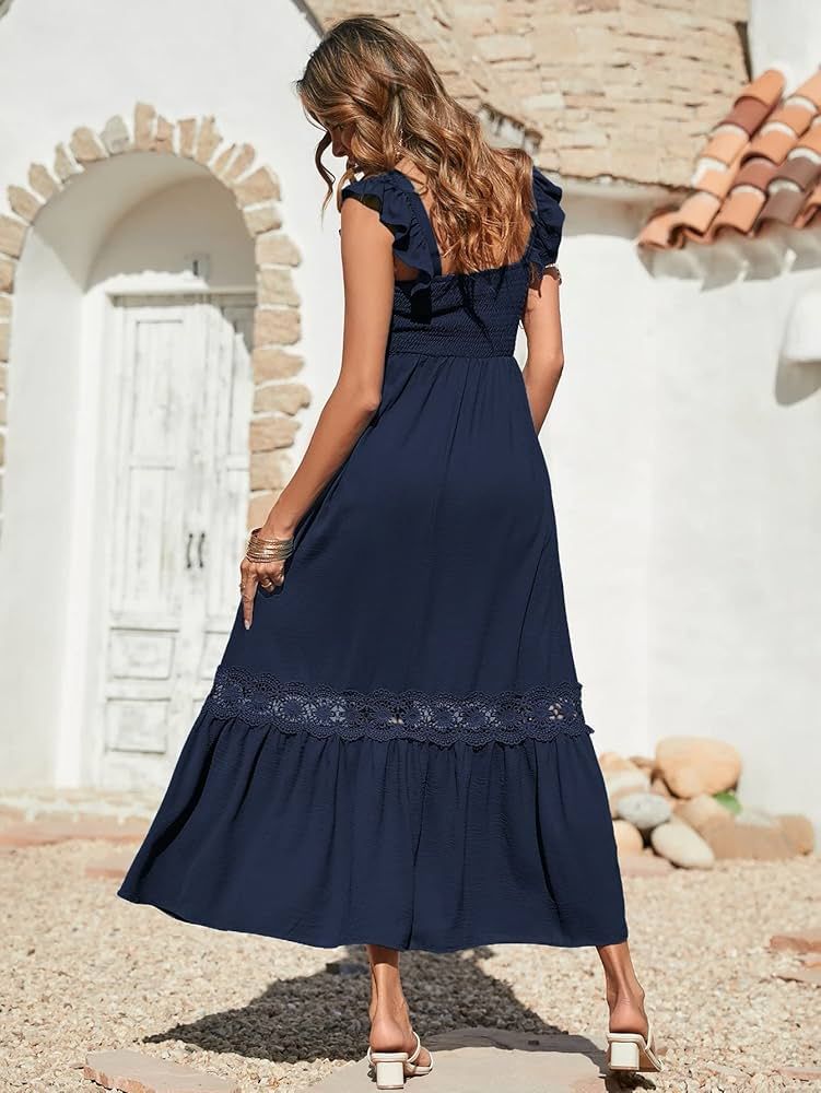 MakeMeChic Women's Summer Boho Dress Floral Print Spaghetti Strap Square Neck Shirred Maxi Dress Bea | Amazon (US)