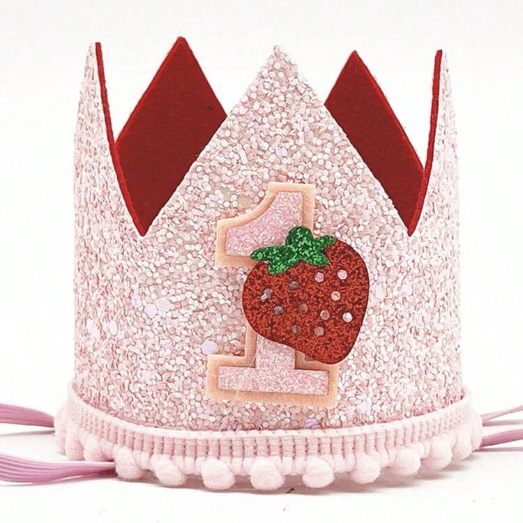 Strawberry Crown Headband, Pink Glitter Newborn Baby Girl 1st/2nd Birthday Headband, Strawberry Theme Photo Props And Party Decorations, 1st Birthday Decorations, Pregnancy Announcement | SHEIN