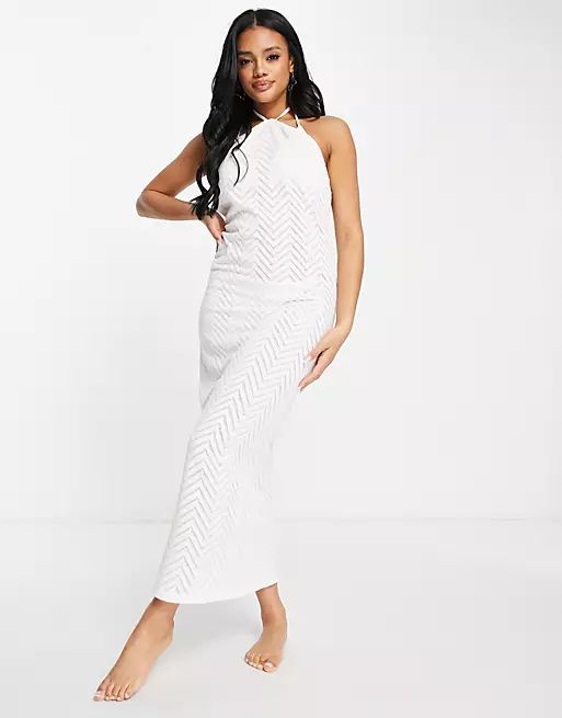 ASOS DESIGN light knit chevron beach maxi dress in white | ASOS (Global)