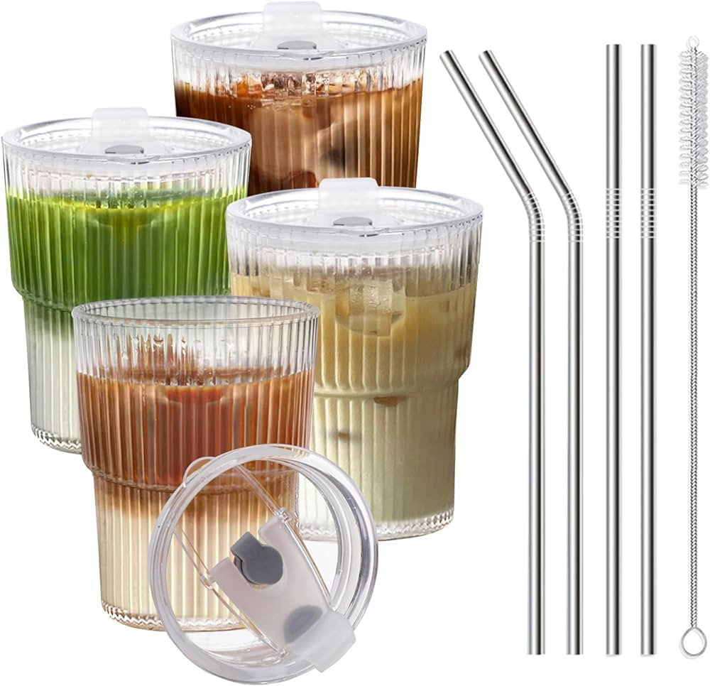 13 OZ Glass Cups with Lids and Straws, Iced Coffee Cups with Lids, Clear Ribbed Glassware for Cof... | Amazon (US)