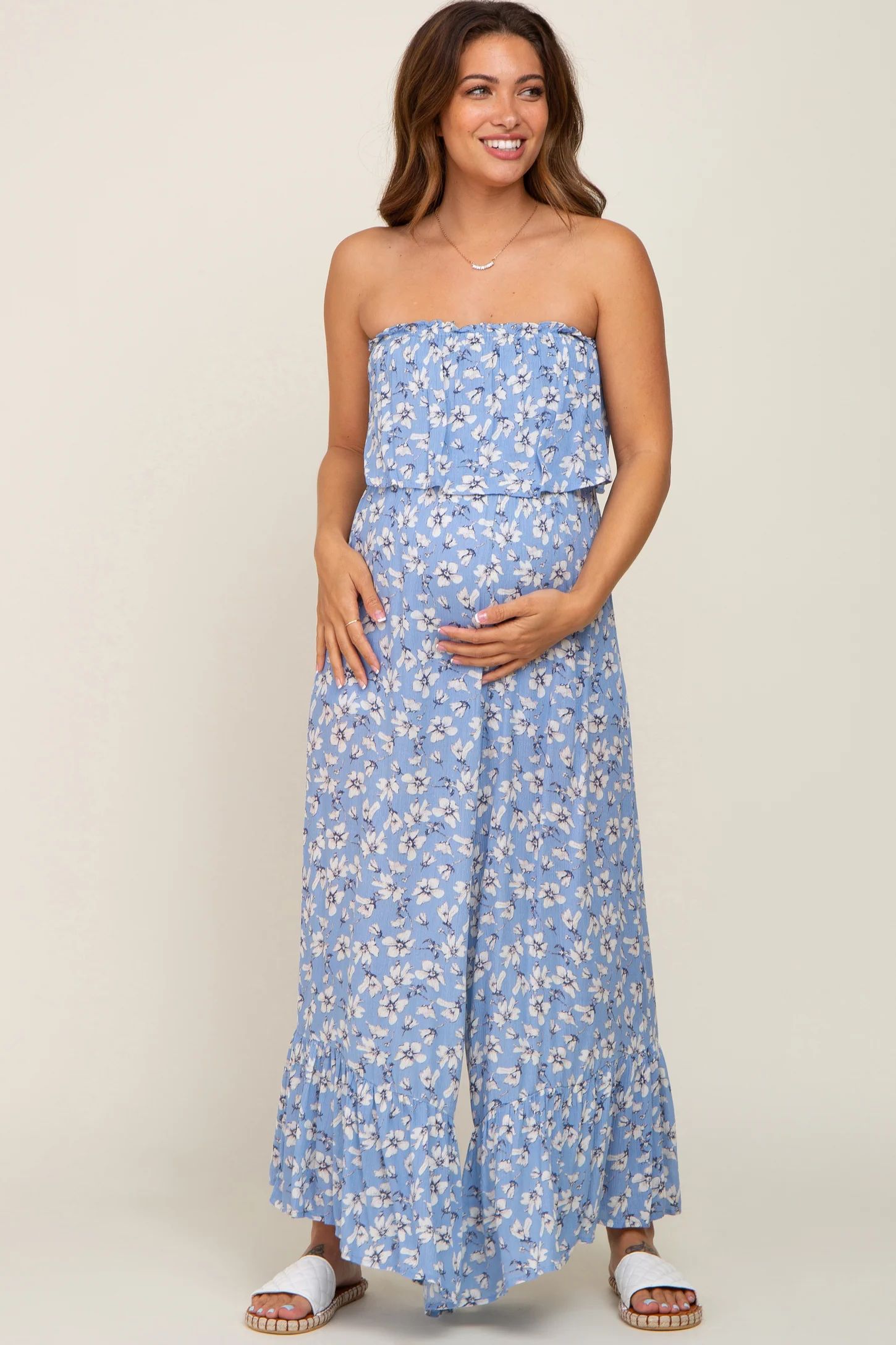 Blue Floral Strapless Ruffle Maternity Jumpsuit | PinkBlush Maternity