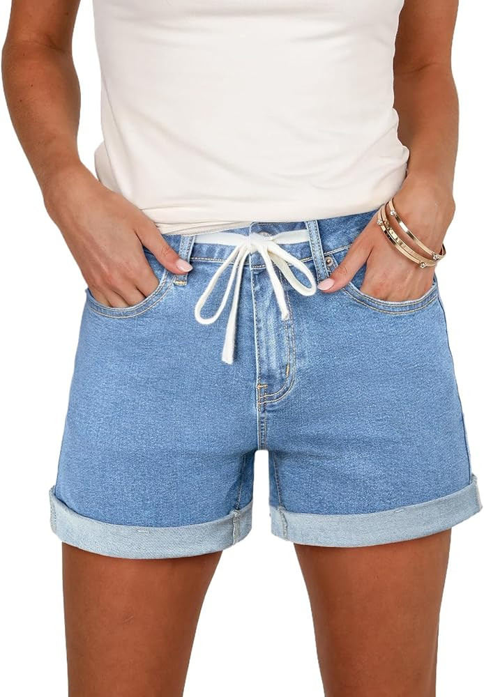 Sidefeel Women's Jean Shorts High Waisted Drawstring Fold Hem Baggy Denim Shorts | Amazon (US)