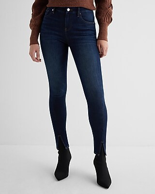 Mid Rise Dark Wash Split Hem FlexX Skinny Jeans | Express