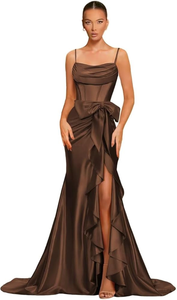 Spaghetti Straps Satin Prom Dresses for Women 2025 Ball Gown Mermaid Pleated Corset Cocktail Dres... | Amazon (US)