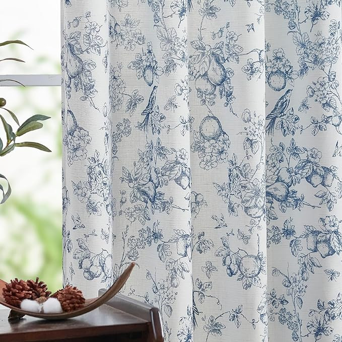 jinchan Linen Floral Curtains for Living Room 84 Inch Length Blue Printed Flower French Country C... | Amazon (US)