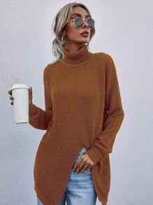 High Neck Drop Shoulder Slit Hem Sweater | SHEIN
