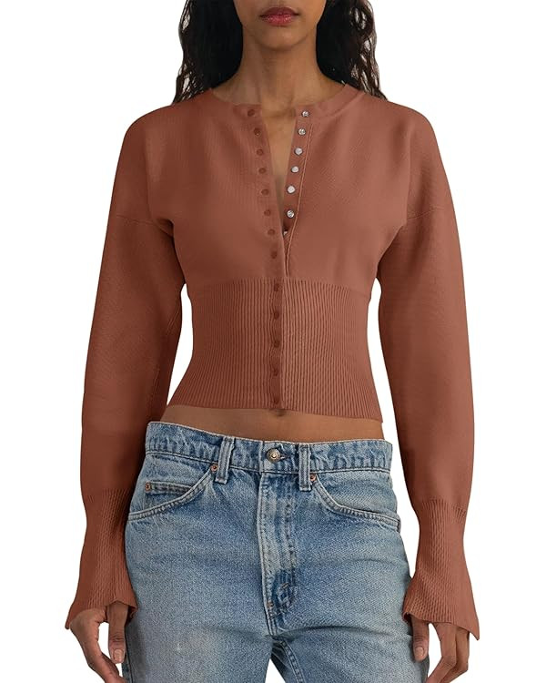Saodimallsu Womens Cropped Sweaters Button Down Long Sleeve V Neck Ribbed Knit Slim Fit Pullover ... | Amazon (US)