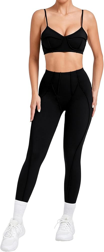 ABOCIW Two Piece Workout Sets for Women Contouring Seams Sports Bras High Waist Leggings 2 Piece Gym Yoga Outfits | Amazon (US)
