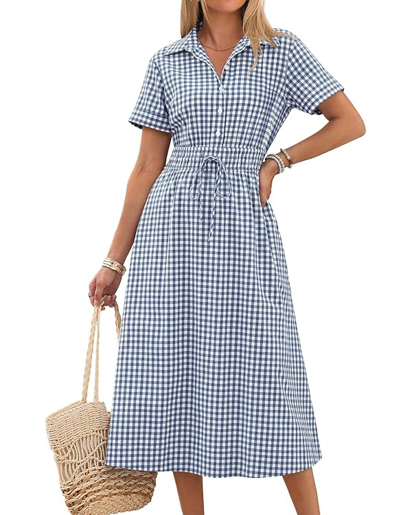 ANRABESS Womens Summer Midi Dress Short Sleeve Striped Plaid Button Collar Shirt Dresses 2026 Cas... | Amazon (US)