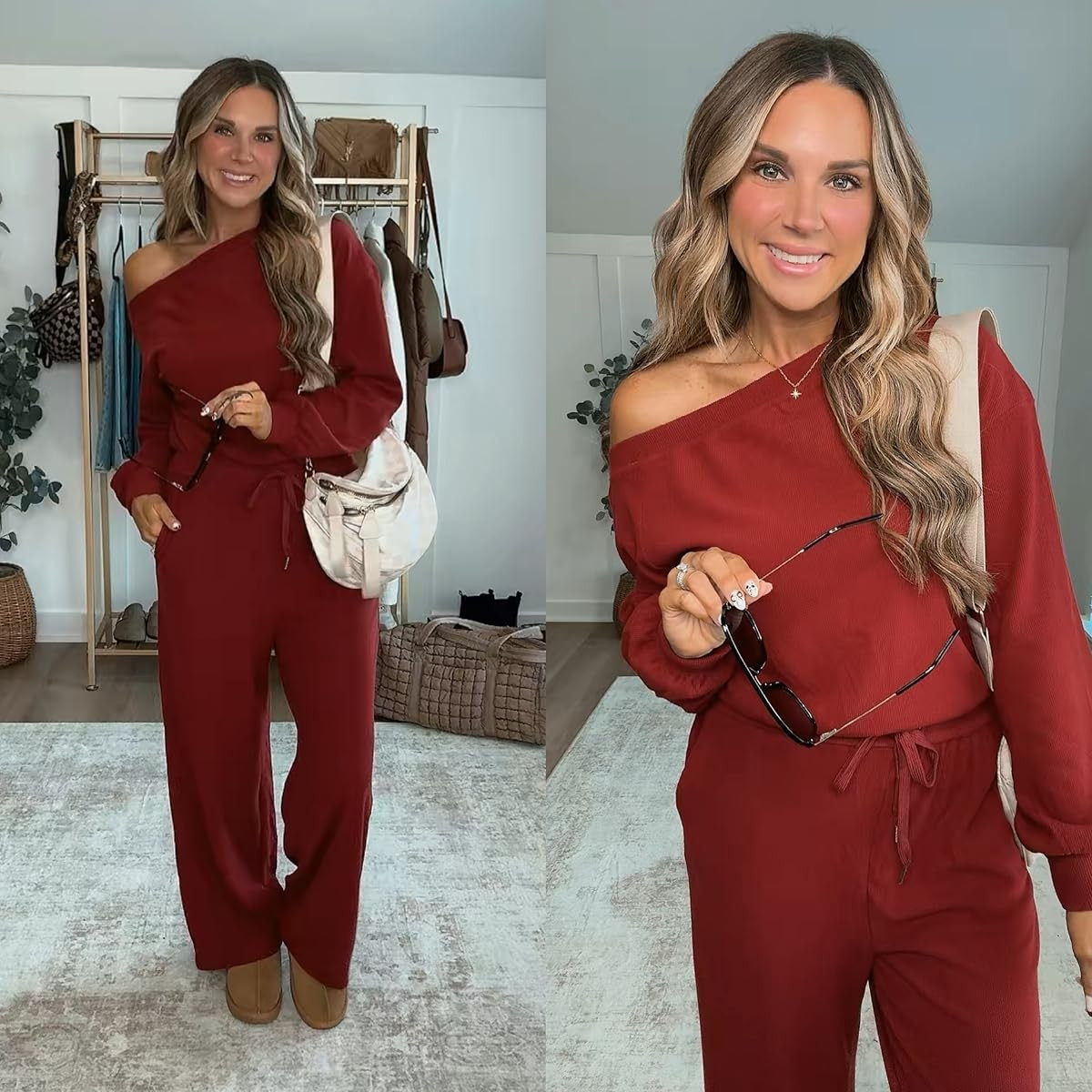 This off the shoulder jumpsuit with tie waist is the perfect outfit for travel days, or for cozy days at home! So soft, and love the tie detail 
 

 #LTKmomlife #LTKFindsUnder50 #LTKTravel