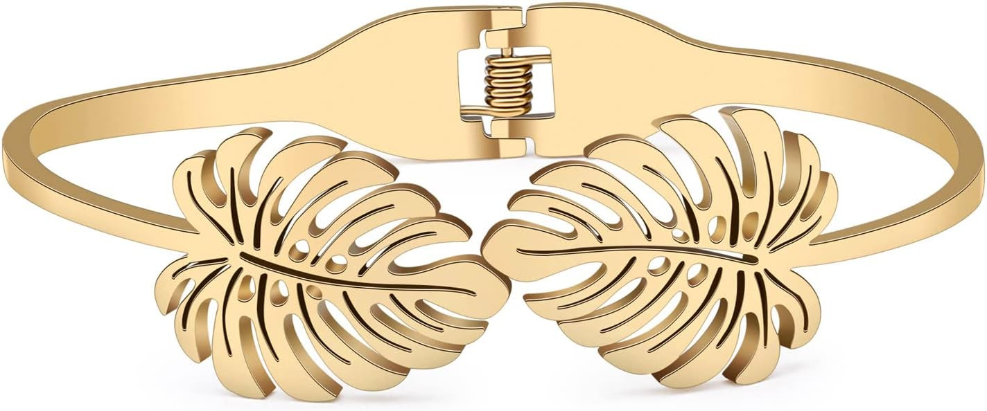 Stainless Steel 18K Gold Leaf Bangle Cuff Bracelet for Women Dainty Crystal Jewelry Gifts for Bir... | Amazon (US)