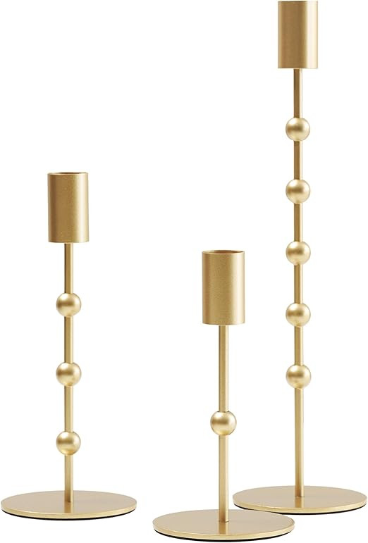 DN DECONATION Gold Candle Holders, Vintage Metal Beaded Taper Candlestick Holders Set of 3 for We... | Amazon (US)