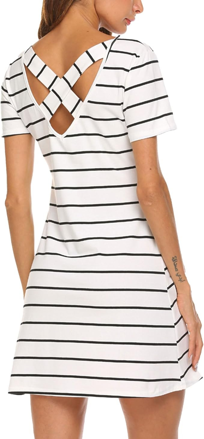 Feager Women's Casual Striped Criss Cross Short Sleeve T Shirt Dress | Amazon (US)