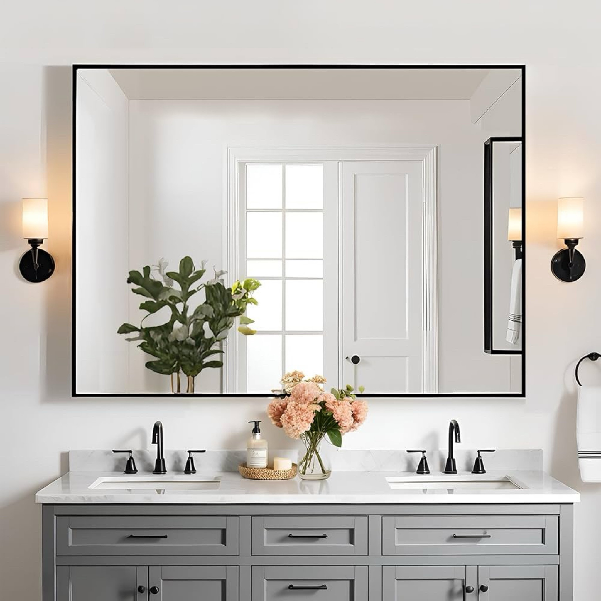 Wall mounted, black, metal frames vanity mirror 

#LTKHome #LTKSaleAlert