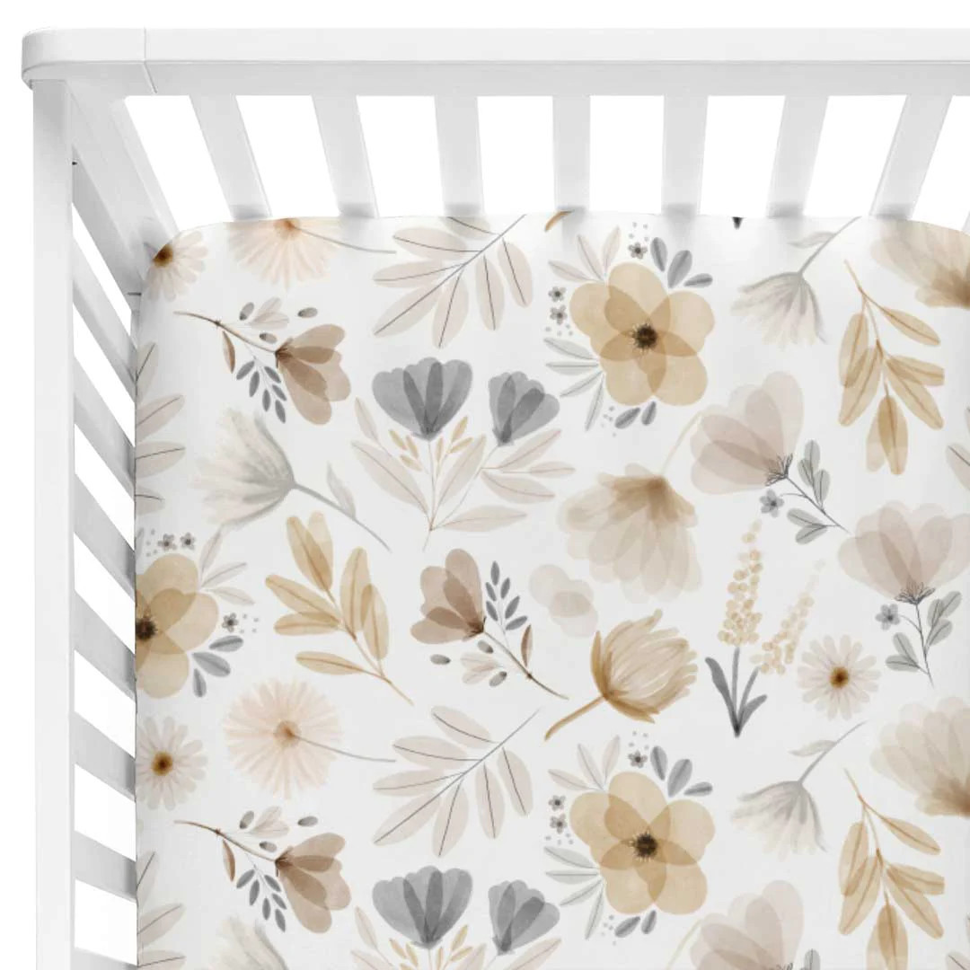 Navie's Neutral Floral Crib Sheet | Caden Lane