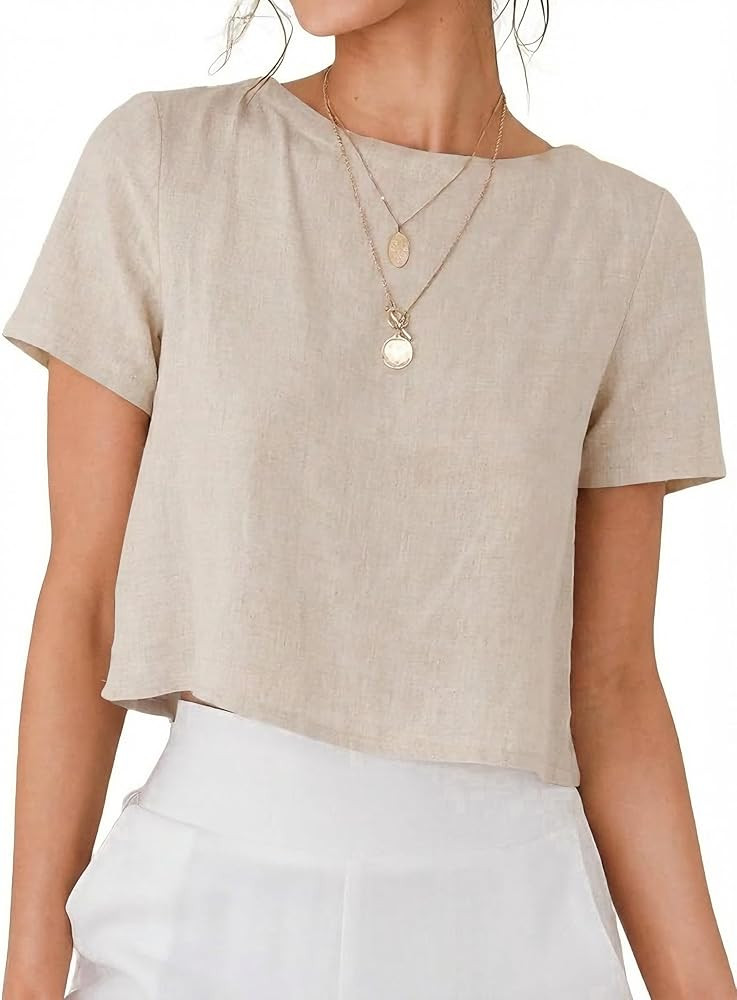 IDEALSANXUN Womens Short Sleeve Linen Shirts Casual Spring Summer Crewneck Cute Crop Beach Blouse... | Amazon (US)