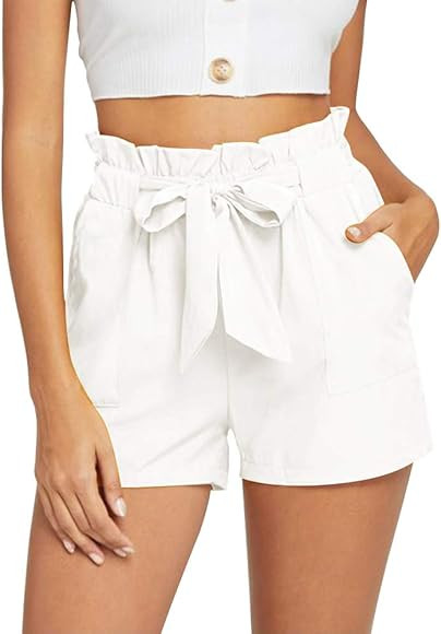 Women's Casual Paper Bag Shorts Elastic Tie Waist with Pocket Comfy Summer Shorts for Women | Amazon (US)