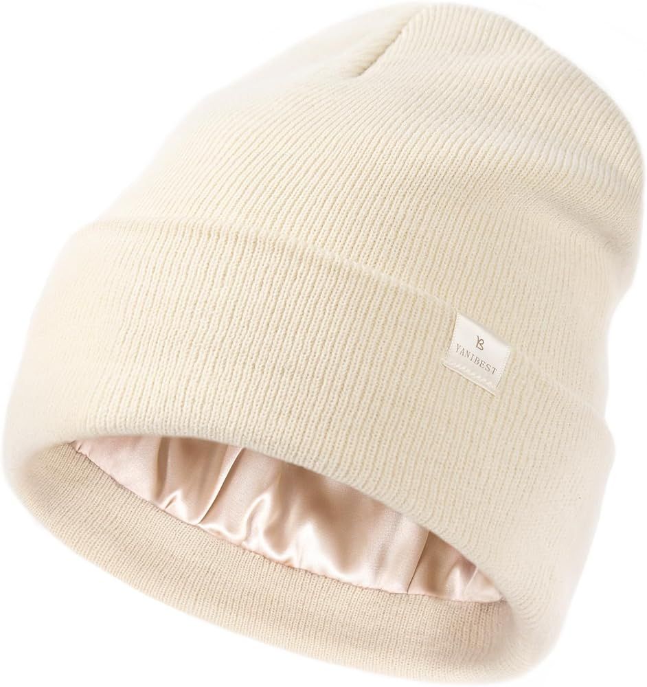 YANIBEST Womens Satin Lined Knit Beanie Hat Acrylic Winter Hats for Women Men Silk Lining Soft Slouc | Amazon (US)