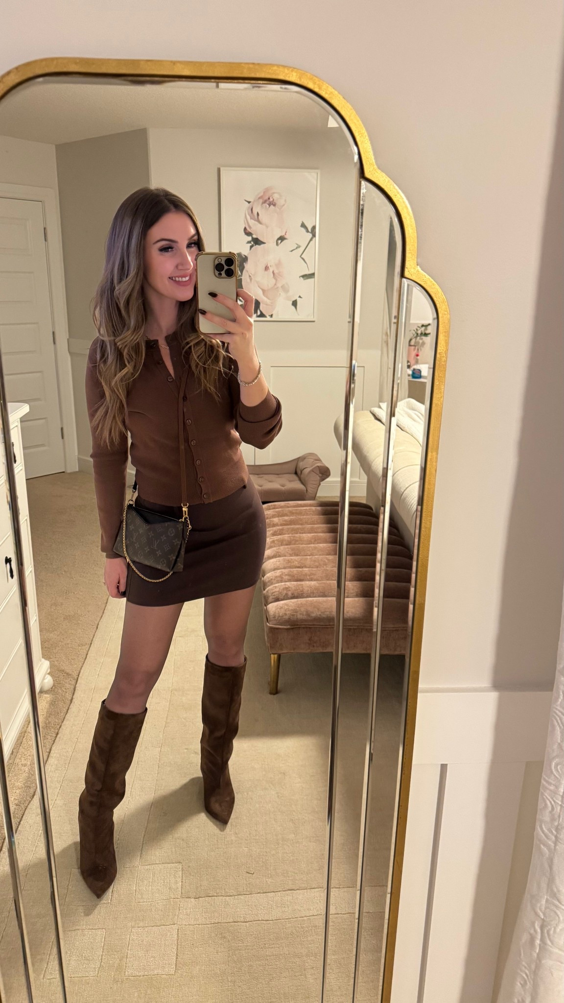 Little chocolate brown date night outfit ✨ This sweater and skirt are currently on sale from Dynamite! 

And my chocolate brown suede boots are currently low in stock but tagging some other similar options! 

#LTKgrwm #LTKSaleAlert #LTKootd