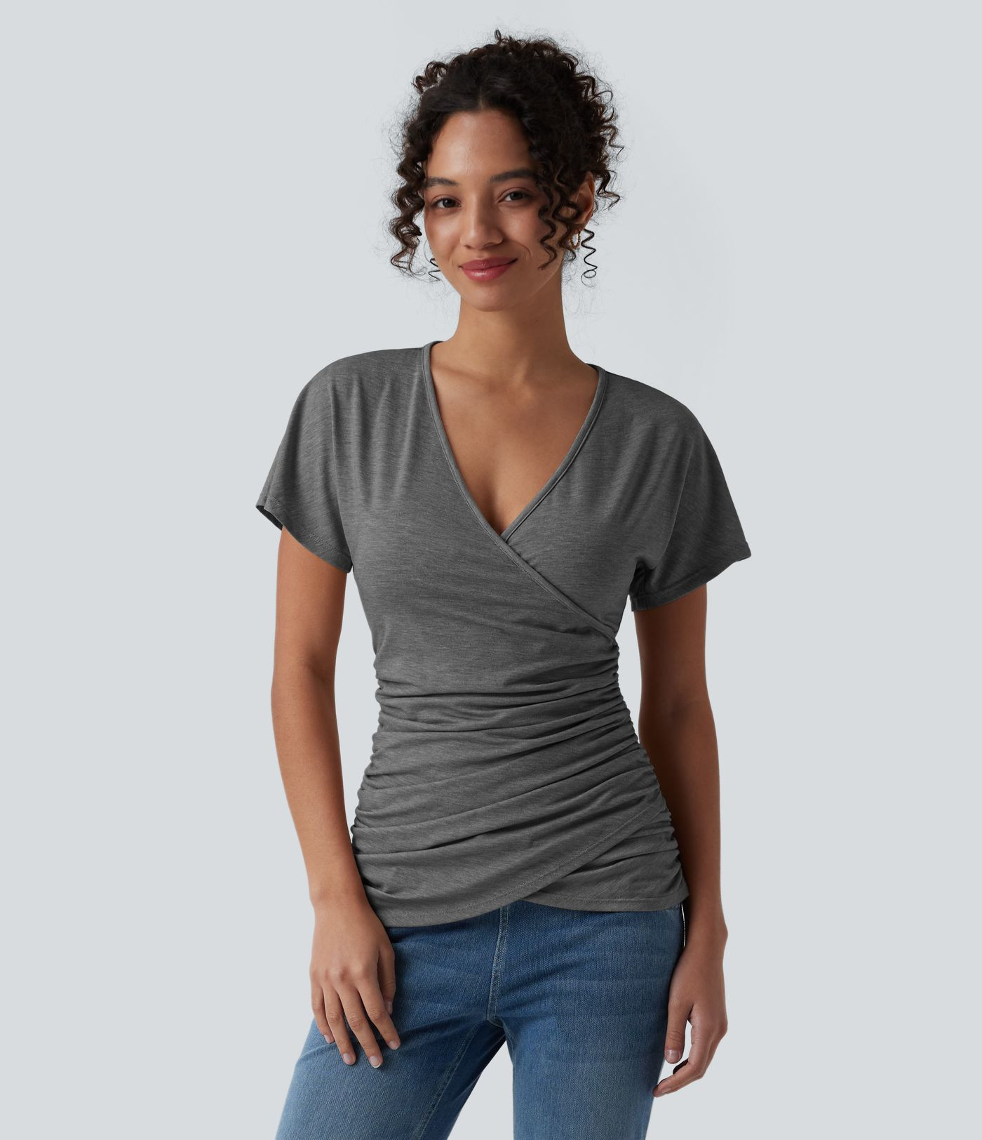 Women’s V Neck Short Sleeve Ruched Casual Top - Halara | HALARA