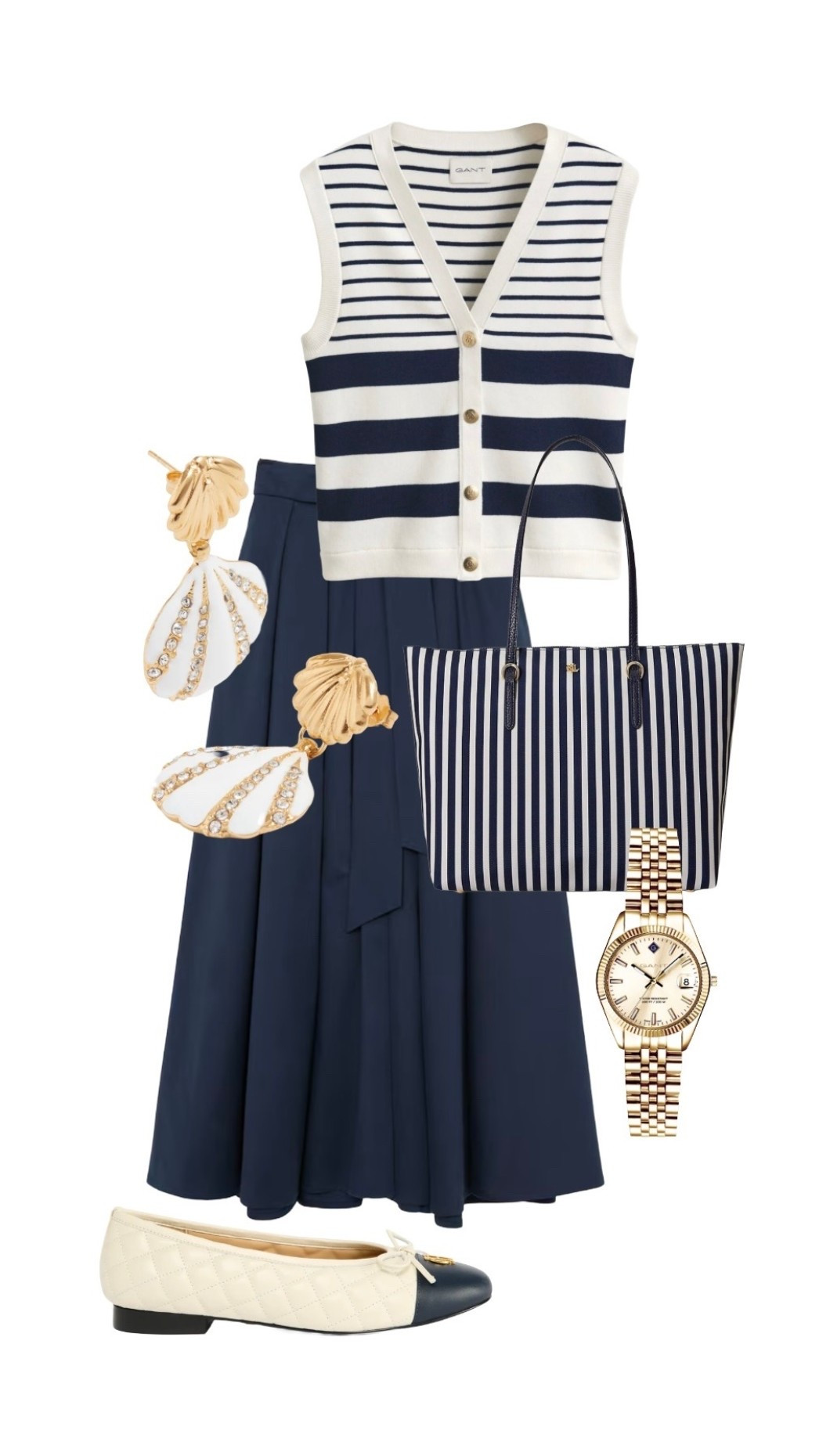 Stripe Knit Waistcoat / Sleeveless Cardigan & Watch - Gant

Stripe Tote Bag - Ralph Lauren, on sale at La Redoute

Earrings - Soru Jewellery

Navy Maxi Skirt - Reiss 

Quilted Ballerina Flats - selling fast at Holland Cooper

#LTKuk #LTKsummer #LTKeurope