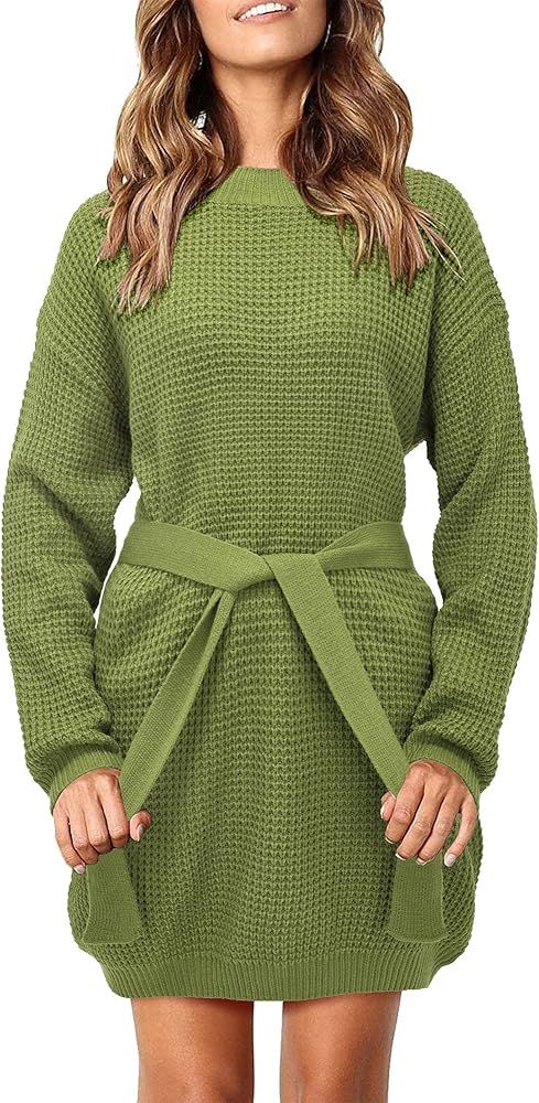 KILIG Women Long Sleeve Sweater Dress Tie Waist Casual Crewneck Loose Knit Pullover Sweater | Amazon (US)