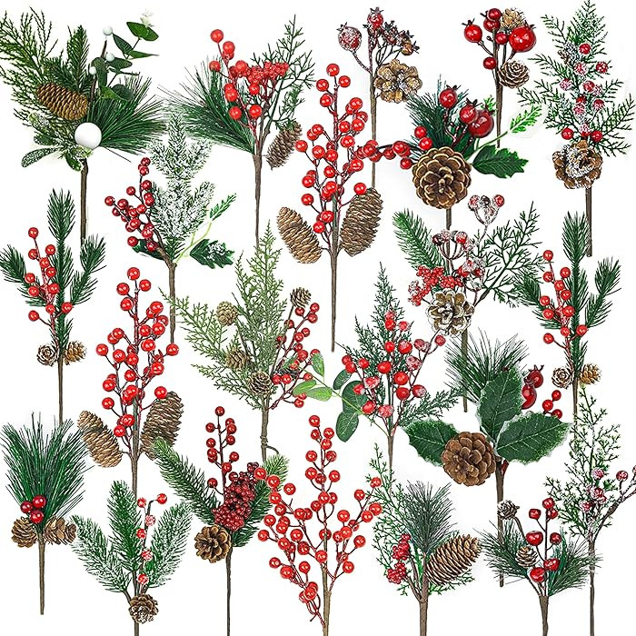 22 Pcs Large Artificial Christmas Tree Picks, Assorted 20 Kinds Red Berry Picks Stem Faux Pine Br... | Amazon (US)