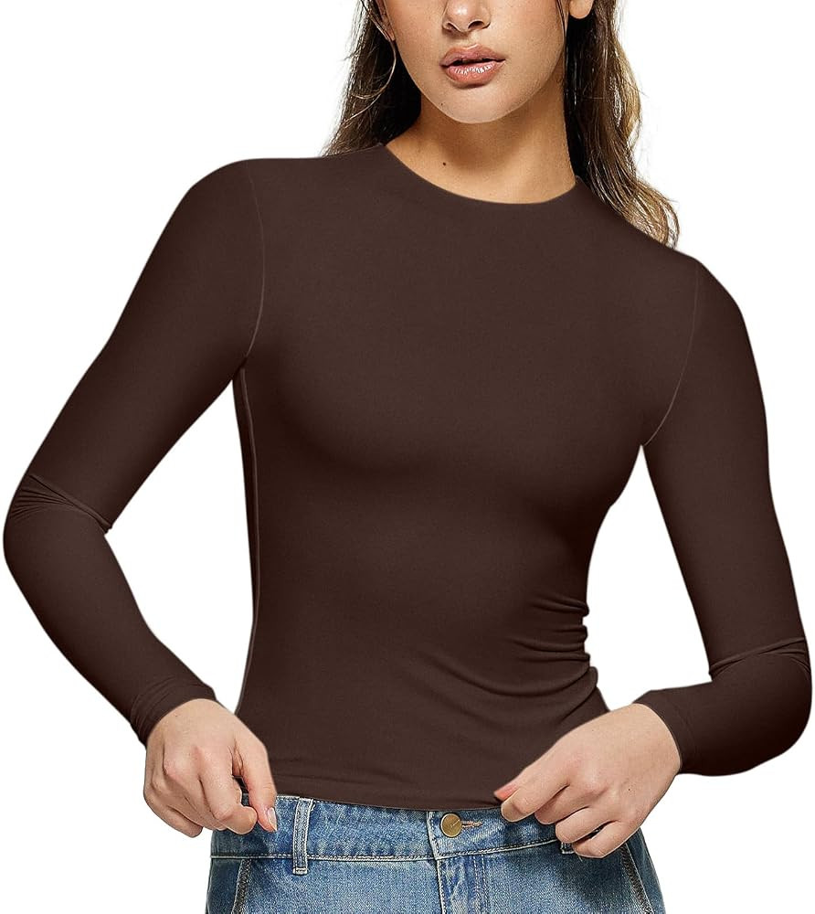 OEAK Womens Long Sleeve Shirts Crew Neck Double Lined Tops Basic Tees Slim Fit Fitted T Shirts Cu... | Amazon (CA)
