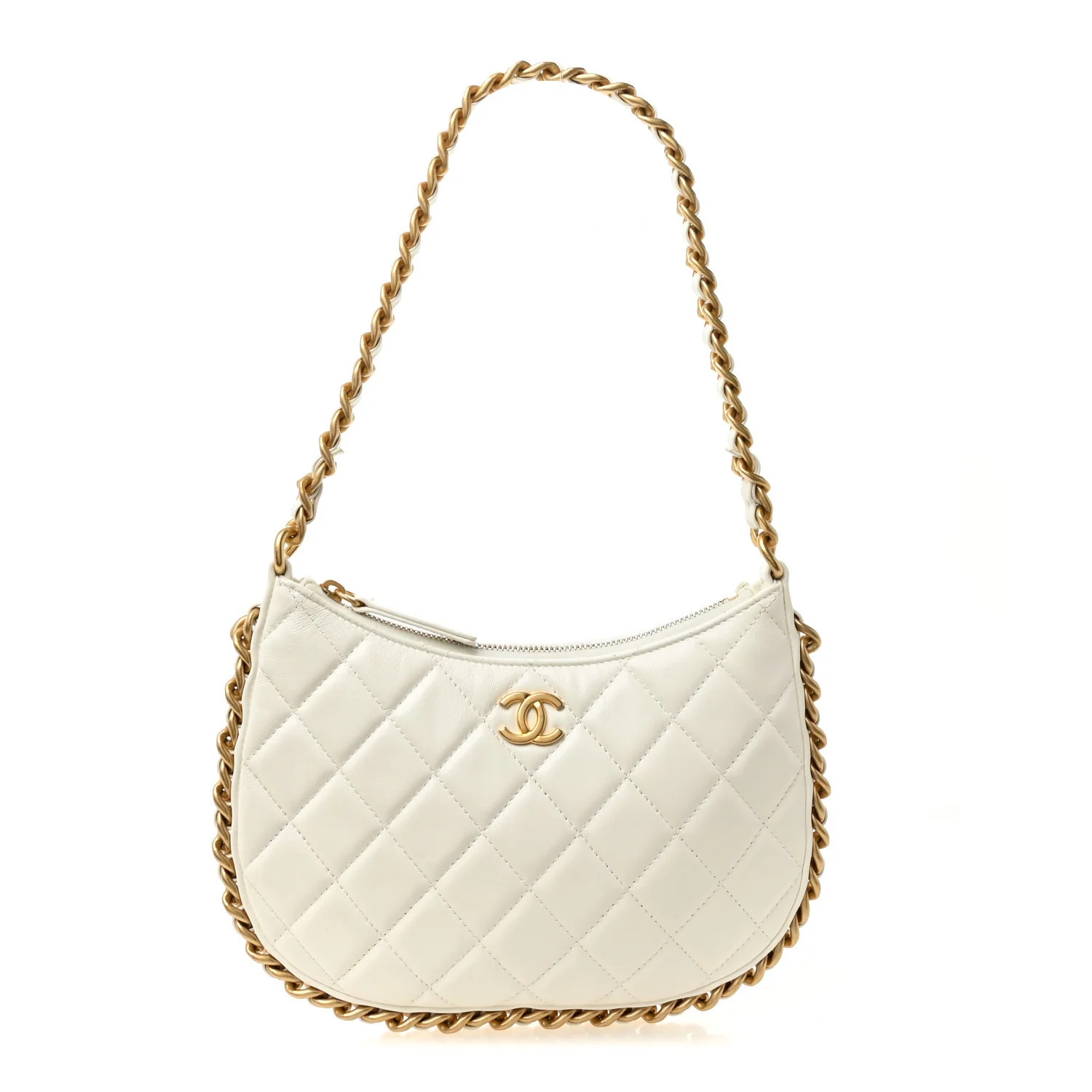 Shiny Crumpled Lambskin Quilted Trendy Chain Around Hobo White | FASHIONPHILE (US)