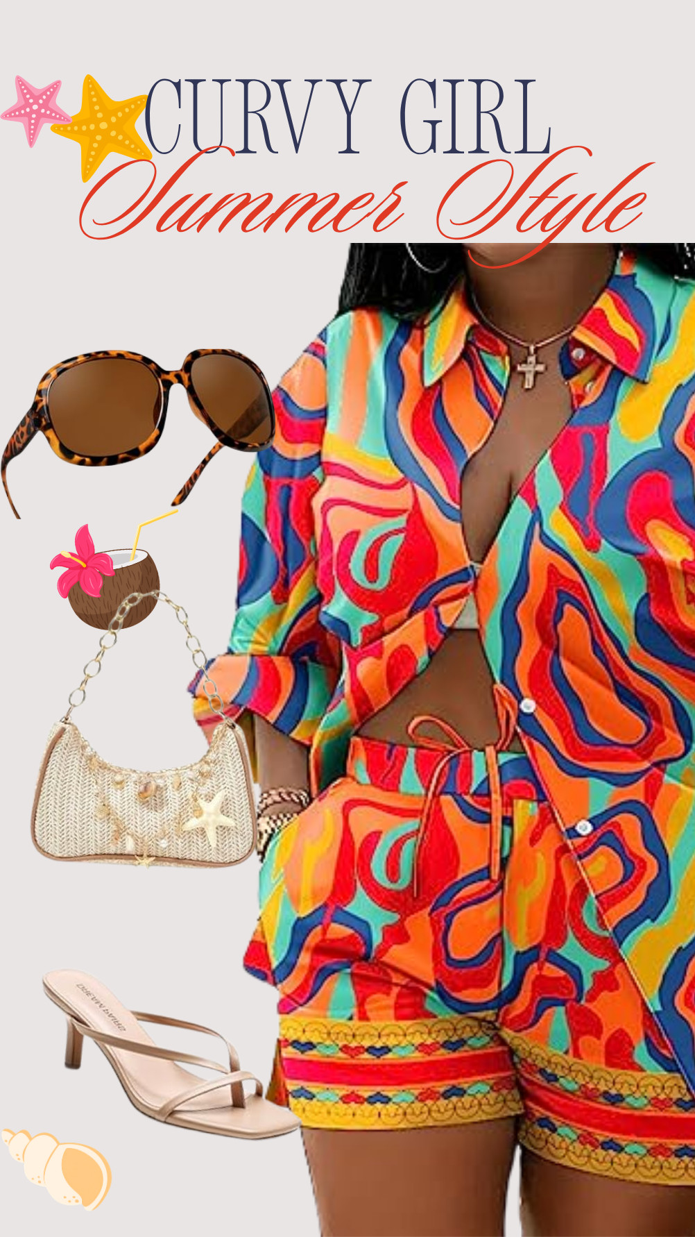 Get ready to embrace the summer vibes in this vibrant, printed top with matching shorts! 🌈 Paired with the bug-eye sunnies, heeled sandals and the starfish bag—perfect for beach days! #SummerStyle #PlusSizeFashion

#LTKootd #LTKSeasonal #LTKPlusSize