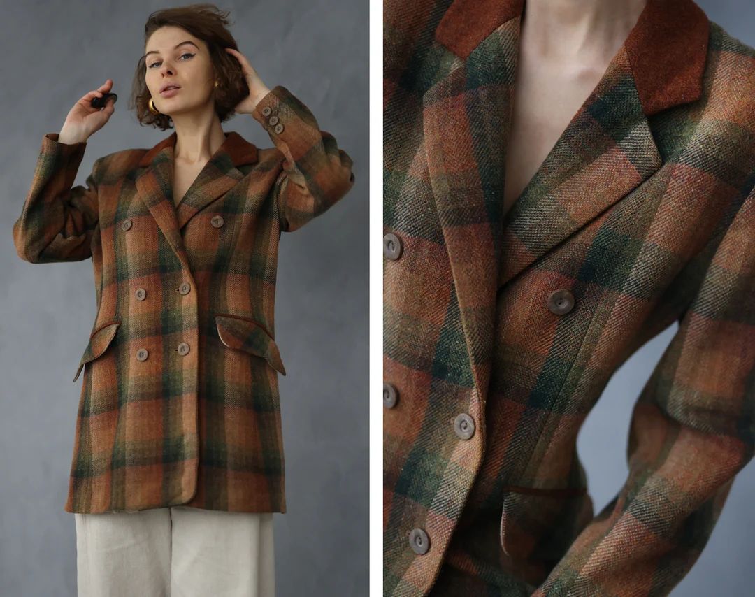 Vintage Brown Green Plaid Wool Double Breasted Women Power - Etsy | Etsy (US)