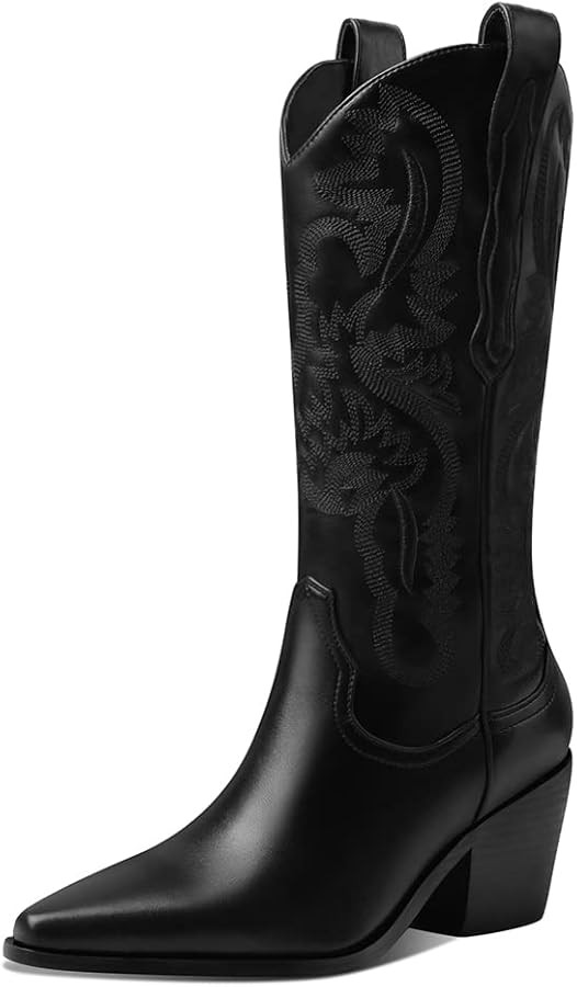 Mid Calf Cowgirl Boots for Women Chunky Stacked Heel Snip Toe Cowboy Boots | Amazon (US)