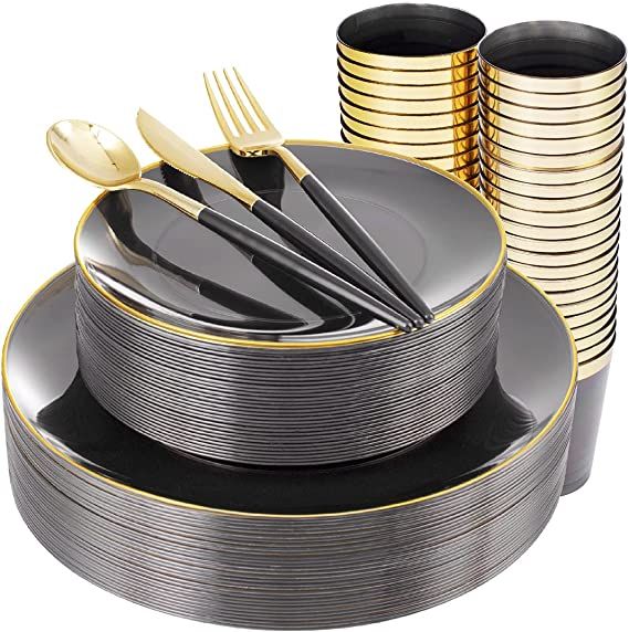 Supernal 180pcs Black Plastic Dinnerware Set,Black Plastic Plates,Clear Plastic Plates with Gold ... | Amazon (US)