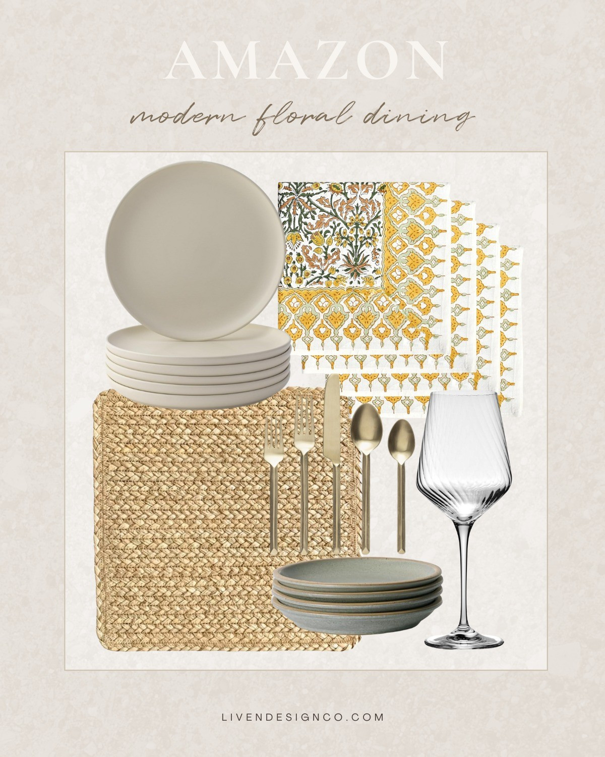 Amazon dining finds. Dining table. Tablescape. Table linens. Floral block print napkins. Stoneware dinnerware. Salad plates. Gold flatware. Goblets. Drinkware. Woven placemats. Yellow floral napkins.

#LTKSpringSale #LTKSeasonal #LTKHome